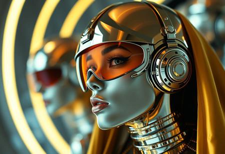 Avant-garde , Robert T techno style ,1970s retro futurism , chrome and Gold
