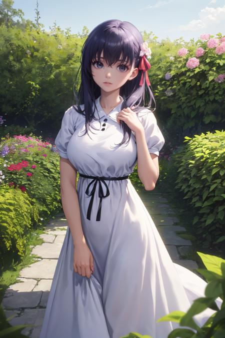 masterpiece, best quality, absurdres, SakuraHeavensFeel, long hair, hair ribbon, white dress, puffy short sleeves, black ribbon, standing, outdoors, garden, flowers, <lora:SakuraMatouV2:1>