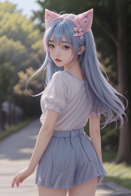 1girl, solo, animal ears, looking at viewer, cat ears, long hair, fake animal ears, blue hair, blurry background, realistic, blurry, looking back, skirt, shirt, pink hairband, blue eyes, ahoge, parted lips, white shirt, from behind, hairband