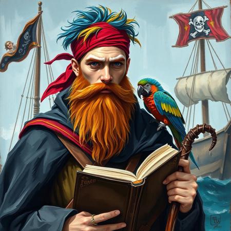 Oil painting rendered in a loose, impressionistic style with thick, expressive brush strokes. Full body portrait of a young handsome pirate wizard. His outfit is a mish mash of wizard-like and pirate clothes. He wears a red bandana a black cape and he has a long ginger beard. He has big white eyebrows. His hair is a mixture of colors: blue, red, yellow, green. He holds a book and a wizard's staff. On his shoulder sits a colorful parrot. The background shows a pirate ship with a pirate flag.