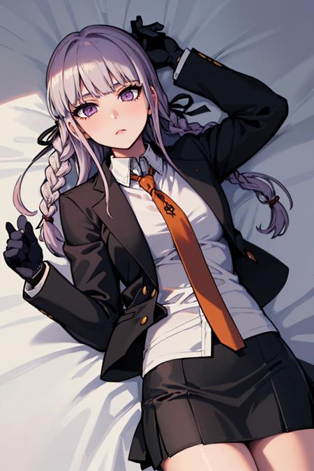 (masterpiece, best quality:1.2), from above, solo, 1girl, kirigiridef, expressionless, looking at viewer, lying, on back, braid, hair ribbon, jacket, open jacket, long sleeves, white shirt, necktie, skirt, black gloves, bed <lora:danganronpathh_kirigiri-12:1>