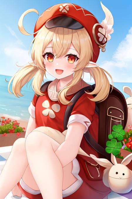 masterpiece, best quality, highres, solo, {klee_genshin:1.10}, bangs, pointy_ears, twintails, ahoge, long_hair, low_twintails, hair_between_eyes, hat, red_headwear, smile, sidelocks, hat_feather, cabbie_hat, open_mouth, bag, red_eyes, blonde_hair, backpack, clover_print, light_brown_hair, :d, orange_eyes