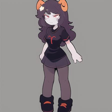 <lora:aradia:0.6> , aradia, (aradiastarteroutfit:1.1), (white eyes:1.1), <lora:bacunStyle_bacunStyleV1:0.8>, 1girl, solo, full body, standing, simple background, black shirt, gray skirt