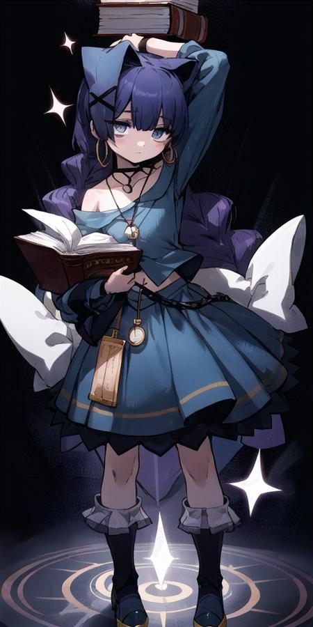 <lora:(criminal girls) alice:0.6>, masterpiece, best quality, 1girl, solo, ali, hair ornament, skirt, dress,  earrings, jewelry, navel, bow, midriff, bare shoulders, off shoulder, (bags under eyes:1.1), oversized clothes, sleeves past wrists, pendant, standing, holding book, fighting stance, magic circle, magic light from a book, arm up,   <lora:more_details:0.3>,