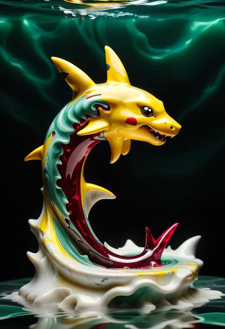 A hippocamp, a mythical creature with the front half of a pikachu and the back half of a shark, is sculpted from liquid marble in rich yellow and ruby tones. The marble flows in an ethereal, fluid form, swirling and dripping, as if the creature is emerging from a dream. The marble blends seamlessly between the deep green of jade and the fiery red of ruby, its body dripping and melting in a beautiful, organic motion. The swirling liquid creates a sense of fluidity and grace, giving the hippocamp an otherworldly, magical presence as it glides through an unseen sea or air.
