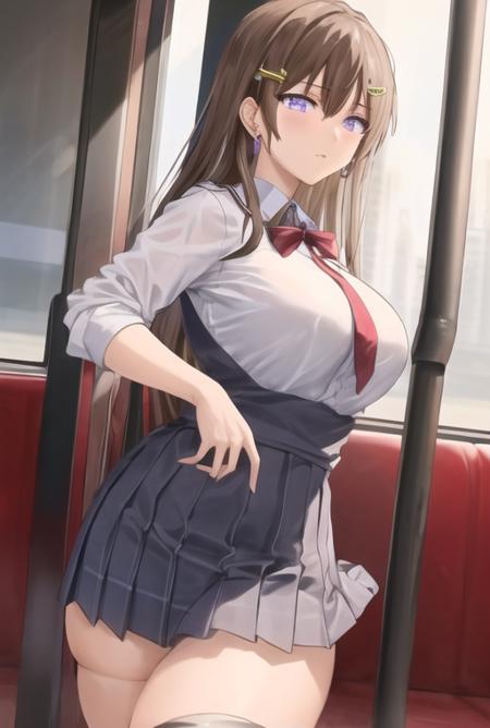 manindensha, large breasts, thick thighs,  <lora:IndanoHimekishiJanne:0.85>,brown hair, purple eyes, hair ornament, school uniform,