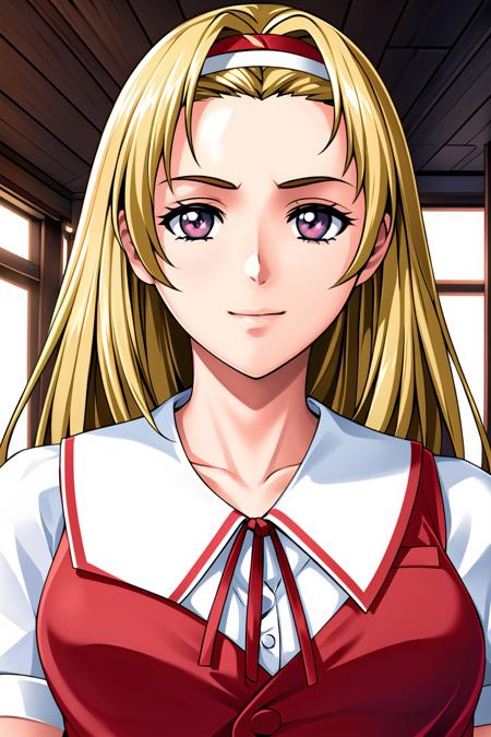 Simple White Background,
(Red_Vest:1.5),school uniform, serafuku, shirt, short sleeves,ribbon,
<lora:Akemi_Mikihara_Isaku-KK77-V1:0.7>,
blonde hair,white hairband,blue eyes,long hair,
<lora:Mariana_Luciano_NON_VIRGIN-KK77-V1:0.3>,<lora:more_details:0.1>,
1 girl, 25yo,Young female,Beautiful Finger,Beautiful long legs,Beautiful body,Beautiful Nose,Beautiful character design, perfect eyes, perfect face,expressive eyes,perfect balance,
looking at viewer,(Focus on her face),closed mouth, (innocent_big_eyes:1.0),Light_Smile,
official art,extremely detailed CG unity 8k wallpaper, perfect lighting,Colorful, Bright_Front_face_Lighting,shiny skin,
(masterpiece:1.0),(best_quality:1.0), ultra high res,4K,ultra-detailed,
photography, 8K, HDR, highres, absurdres:1.2, Kodak portra 400, film grain, blurry background, bokeh:1.2, lens flare, (vibrant_color:1.2),professional photograph,
(Beautiful,large_Breasts:1.4), (beautiful_face:1.5),(narrow_waist),