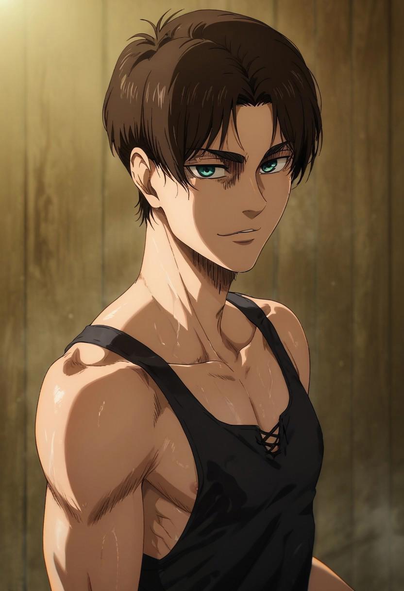 score_9, score_8_up, score_7_up, score_6_up, score_5_up, score_4_up, BREAK, official style, high quality, 4k, solo, male
(eren_yeager_s4, brown hair, teal eyes, very short hair, seductive, smirk, black tanktop, looking at viewer, upper body, wet body)