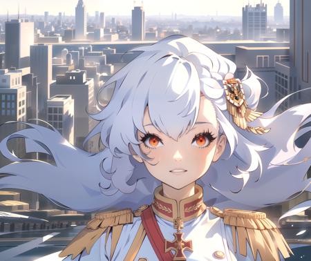 lpha_1918, (red eyes:1.1), 1girl,
hair ornament, white jacket, epaulettes, military uniform, long hair, white hair, solo, floating hair, city,
soft light,
<lora:character_ alpha_1918:1>,, (masterpiece, best quality), intricate details, 8k, artstation, wallpaper, official art, splash art, sharp focus