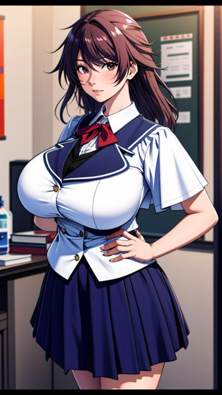 1woman, Mizuki_Shiranui, (school uniform1.2), hair ribbon, (dutch angle:1.3), huge breast,
(masterpiece, high quality, best quality, 4k, 8K, 16K, highres, absurdres:1.2)  <lora:Mizuki_Shiranui_v1:0.7>