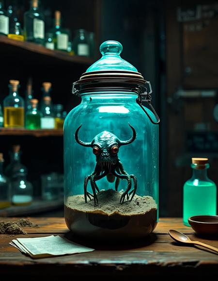 A high-resolution photograph featuring a surreal, horrific anthropomorphic cthulhu creature inside a large, glass jar with a metal lid and wire lock, in the dark laboratory of a human mad scientist from 1955,  orderly but full shelves line the walls with inscrutable tools and jars and test tubes filled with odd colored fluids and small alien objects. Jar of monsters in the foreground and lab space in the background. lum1, g0thicl1nes