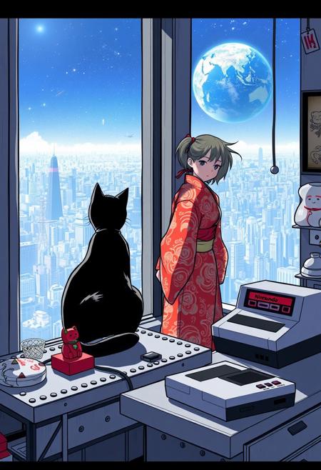 Jiji the cat from Kiki's Delivery Service sits on a cluttered metal riveted desk next to a maneki neko statue and a small Nintendo NES, Jiji is looking out of a floor to ceiling window that looks out at a very high view from an apartment on the 150th floor of a futuristic Tokyo skyscraper, the year is 2150,  (((Kiki from Kiki's Delivery Service, 20 years old, is standing next to the cat looking out at planet below))), Kiki is dressed in an ornate Japanese style bath robe.  The woman's hair is messy from just waking up and tied up with a ribbon. Artistic cyberpunk, dynamic perspective, The focus is on Jiji and Kiki standing together looking out the window at the view together,