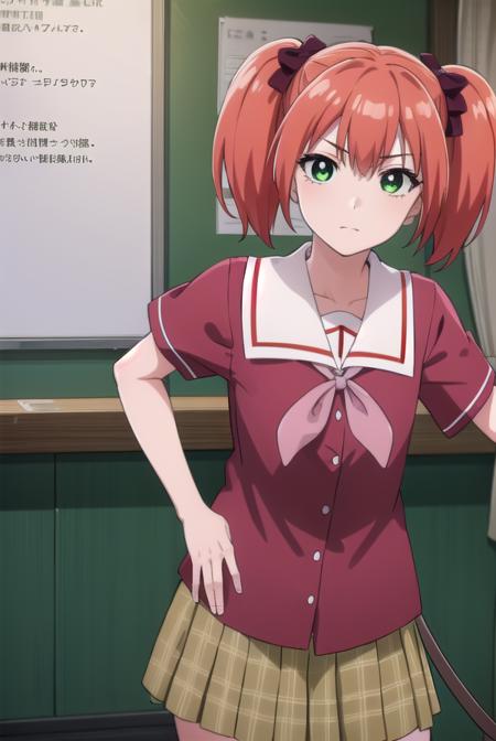 kokoashuzen, <lora:kokoa shuzen s2-lora-nochekaiser:1>,
kokoa shuzen, twintails, (green eyes:1.5), red hair, hair bow, short hair,
BREAK skirt, thighhighs, school uniform, black thighhighs, plaid, serafuku, red shirt, short sleeves, 
BREAK indoors, classroom,
BREAK looking at viewer, (cowboy shot:1.5),
BREAK <lyco:GoodHands-beta2:1>, (masterpiece:1.2), best quality, high resolution, unity 8k wallpaper, (illustration:0.8), (beautiful detailed eyes:1.6), extremely detailed face, perfect lighting, extremely detailed CG, (perfect hands, perfect anatomy),