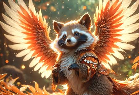 A colorful standing still fantasy Tanuki with feathers ((orange and white)) shimmering like a flame.  full body, The background is rich in detail with intricate patterns of flora and fauna, like birds and butterflies, adding to the surreal atmosphere. three dimensional effect,  vibrant background, by ryohei hase, high quality, high detail, high resolution, (bokeh:2), backlight, Dramatic light, long exposure:2,  Textured surfaces, High contrast, photography realistic, hype realistic, highly detailed, high resolution, HDR, UHD, Surrealism.  aesthetic,  ral-dreamguardian