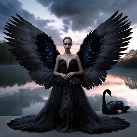 A surrealistic portrait features a young woman with large, 
symmetrical wings that transition from grayish-black at the tips to black at the bases. The wings are intricately feathered, 
creating a realistic appearance with layered texture. She has a neutral expression with slightly parted lips, 
and is looking directly at the viewer. She wears an elegant black dress. In her arms, 
she gently holds a elegant Black Swan, 
with intricate feather detailing. The background consists of a cloudy sky with shades of gray, 
white, 
and blue, 
transitioning from darker tones at the top to lighter hues towards the bottom, 
suggesting dusk or dawn. A lake landscape is visible at the base of the sky. The lighting is soft and diffused, 
illuminating the subject evenly without harsh shadows, 
enhancing the mysterious and otherworldly mood of the scene. The overall composition centers on the woman and the Black Swan, 
creating a striking visual contrast between the human figure and the avian element. Mystical, 
award-winning photograph, 
breathtaking beauty, 
gallery worthy.