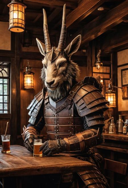 fantasy anthropomorphic a (japanese-serow) (warrior: 1.19) (leather armor) in dark japanese-tavern holding a pint of ale in a cozy environment with gas lamps oriental japanese-woodworking warm brick fireplace and (paper windows) (japanese-style-architecture) (short-horns
