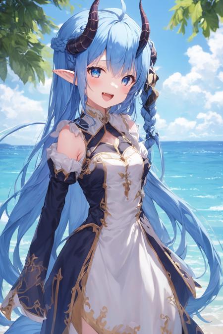 1girl,ahoge,bangs,braid,day,detached sleeves,dragon girl,dragon horns,dragon tail,dress,hair tubes,highres,horns,long hair,long sleeves,looking at viewer,ocean,open mouth,outdoors,pointy ears,blue hair,smile,solo,standing,tail,very long hair