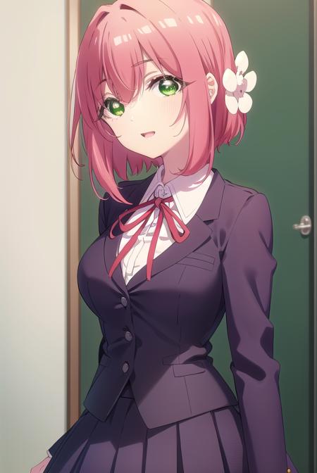 hakarihanazono, <lora:hakarihanazono-lora-nochekaiser:0.8>,
hakari hanazono, short hair, hair ornament, (green eyes:1.5), pink hair, flower, (hair flower:1.2), hair between eyes, sidelocks, <lora:talkmouth_E_v100:1>, open mouth,
BREAK skirt, shirt, ribbon, school uniform, blazer, white shirt, pleated skirt, collared shirt, black skirt, red ribbon, neck ribbon, 
BREAK looking at viewer,
BREAK indoors, classroom, (cowboy shot:1.5),
BREAK <lyco:GoodHands-beta2:1>, (masterpiece:1.2), best quality, high resolution, unity 8k wallpaper, (illustration:0.8), (beautiful detailed eyes:1.6), extremely detailed face, perfect lighting, extremely detailed CG, (perfect hands, perfect anatomy),