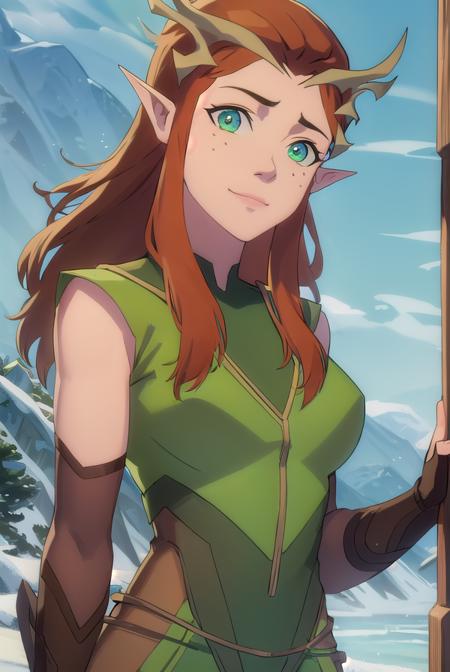 keyleth, long hair, brown hair, (green eyes:1.3), pointy ears, elf, antlers, freckles, thighhighs, gloves, boots, fingerless gloves, thigh boots, brown footwear, green dress,