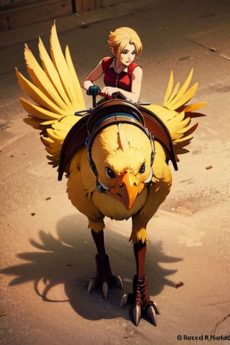 woman, (riding:1.2), chicken, chocobo, bird <lyco:Chocobo_Lycoris_B:0.8> running, (biped:1.2). from above