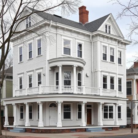 20 Wheeler Street. Constructed as six units for Mr. Littlefield in 1899,
this dwelling is a fascinating and rare variation of the common tripledecker. Typically rectangular in form with three tiers of porches at both
the front and back of the building, this house has a three-story porch
nestled in the corner, from the north and west wings, that are each three
stories in height. The slender columns of the first and second story
porches, window frames, broad string courses, and molded cornices all
demonstrate the Colonial Revival style.
The triple-decker was introduced to both Boston and Worcester
around 1880 and was instantly recognized by developers as a fast
and efficient way to house the less affluent. This building type
recommended interior features such as Colonial Revival style
mantelpieces and built-in china cupboards. The popularity of the
triple-decker rose exponentially after the introduction of the
electric trolley to Boston neighborhoods, circa 1890, and it
proliferated in areas such as Dorchester and South Boston. The
triple-decker persisted in popularity until 1915, and in some
areas even later, such as Jamaica Plain where this multi-family
housing type was still being built as late as 1930. In Somerville,
triple-deckers are primarily found in the eastern portion of the
City, while two-family dwellings remained more common in
western Somerville. The noteworthy exception to this rule is the
 States Avenues section of East Somerville.