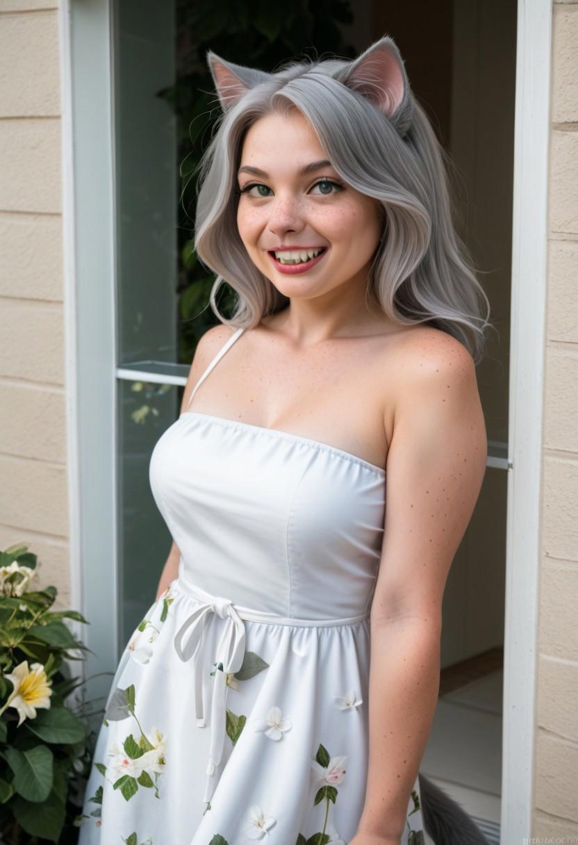 A 35mm photo of a beautiful 25 year old woman, she is an anthropomorphic grey cat, cat nose, cat teeth, green cat eyes, freckles, grey cat  fur, cat fur, grey cat ears, silver hair, white floral sundress