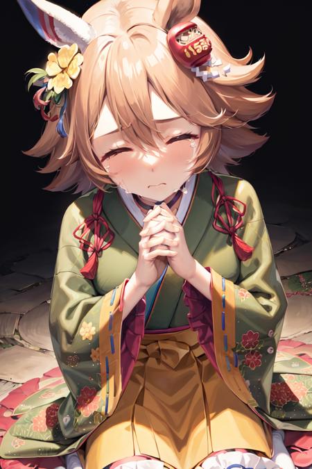 masterpiece, best quality,
matikanefukukitaru \(umamusume\),
black background,
sad, tears, praying, closed eyes, wariza, facing viewer, from above,
own hands together, interlocked fingers, own hands clasped,
official alternate costume, hair flower, choker, frilled sleeves, wide sleeves, long sleeves, frills, japanese clothes, green kimono, floral print, hakama, green kimono, sash, obi, shide, yellow skirt, plaid skirt,
<lora:matikanefukukitaru_lora_0.985:0.8>