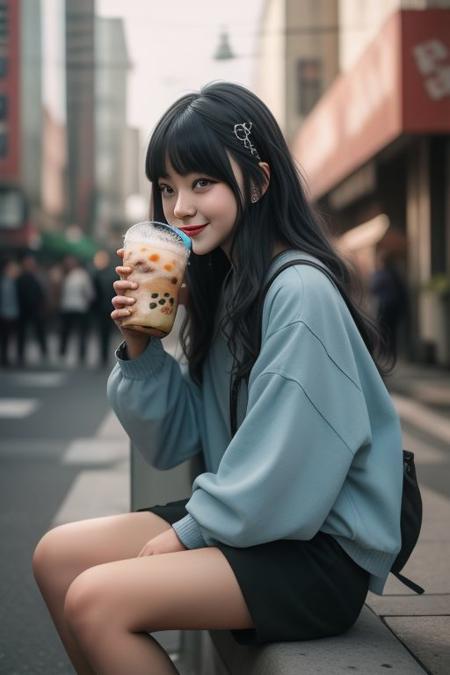 4K,8K. An attractive american gothic punk girl, chestnut very long wavy hair, wide dreamy light blue eyes, wide smile, face close up, (holding a bubble tea,) (dynamic sitting pose, on the street)