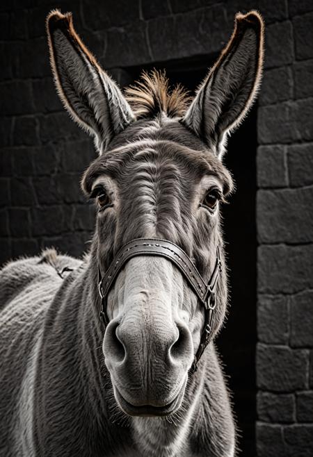upper body shot, donkey from shrek, black and white image, in the style of hyperrealism and photorealism, precisionist art, emotionally charged scenes, dark amber, vibrant realism, photo taken with nikon d750, elegant realism