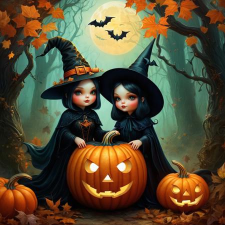 A cute chubby pumpkin couple with a scary witch art by Anna Dittmann, 
Greg Simkins, 
sarak kay, 
8k, 
complex environment, 
ornate, 
intricate, 
three-color, 
sharp focus, 
perfect composition, 
forest background