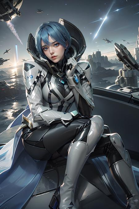 <lora:florentino_interstellar_council:0.5>, florentino_interstellar_council, looking at viewer, bangs, blue eyes, (1girl:1.2), closed mouth, blue hair, short hair, standing, looking at viewer, breasts, large breasts, very large breasts, cowboy shot, armor, shoulder armor, coat, facial hair, gauntlets, long sleeves, jacket, weapon, boots, shiny, pants, black pants, cape, holding weapon, sword, white footwear, knee boots, outdoors, sky, day, cloud, wate, scenery, smoke, flying, science fiction, realistic, aircraft, space, vehicle focus, planet, spacecraft, military, cloudy sky, building, science fiction, city, realistic, aircraft, military vehicle, cityscape, spacecraft, earth