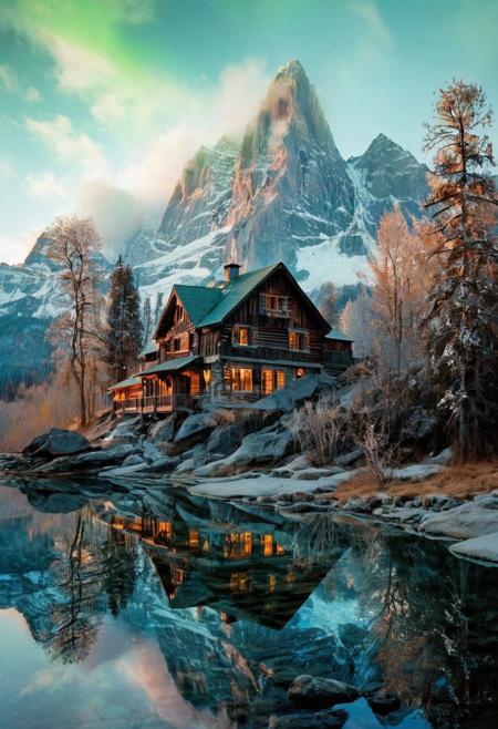 (by Ellen Jewett:1.5), ((Bioluminescent Impressionism: 1.8), The Dreamland), their peaks veiled in mist. mixed media, surrealism, great lighting, A surreal landscape highly detailed . extremely high-resolution details,  appears trapped in an optical illusion of reflections and refractions colorful , mountain cabin, ice and snow, professional photography, natural lighting, volumetric lighting maximalist. intricately detailed, complex, elegant, expansive, fantastical, film photography style,  medium grain,  <lora:MJ52:0.3>  <lora:SDXLFaeTastic2400:0.4>  <lora:EpicF4nta5yXL:0.7>.ethereal landscapes, depth of field, biotech emotion:1.3) <lora:xl_more_art-full_v1:0.5> <lora:add-detail-xl:1> <lora:RMSDXL_Creative:2>