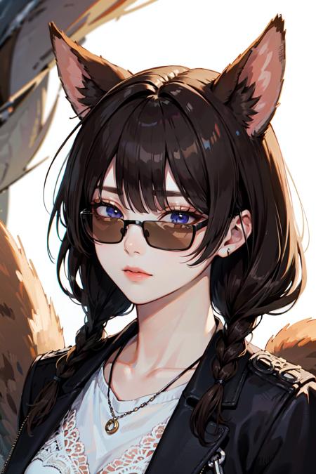 (best quality, masterpiece:1.1), (Intricate detailed:1.2),   ((close up,   (facing down:1.2),  1girl, emotionless face, brown hair, asymmetrical bangs, hair over eyes,   quad braids,   (animal ears, squirrel ears),  sunglasses, jacket, handbag, dress, necklace,  ):0.8)