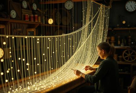 a skilled time weaver in a workshop adorned with luminous spools of glowing threads, delicately stitching together fragmented timelines to craft seamless tapestries of past, present, and future events, suspended in the air around them