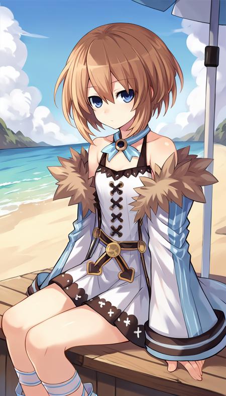 Blanc \(neptunia)\, brown hair, blue eyes, short hair hat, ribbon, long sleeves, wide sleeves, off shoulder, bare shoulders, short dress, coat, fur trim, ankle ribbon,