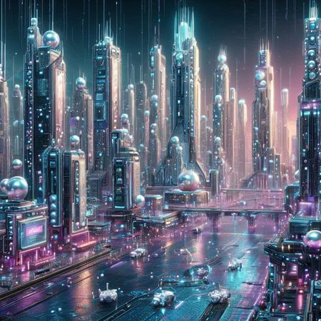 Pearlum,
8k, score_9, score_8_up, score_7_up,
masterpiece,realistic,ultra detailed, vibrant colors,photo-realistic,
A cyberpunk cityscape with iridescent pearl-like skyscrapers, glowing neon lights in blue, pink, and purple, holographic billboards, floating drones with pearl sheen, reflective water surfaces, intricate cybernetic details, futuristic and elegant, ultra-detailed, cinematic lighting, pearlescent textures, vibrant, dystopian yet luxurious atmosphere