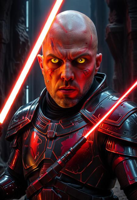 score_9, score_8_up, score_7_up, score_6_up, score_5_up, score_4_up, (absurdres, best quality, masterpiece:1.4), illustration, photorealistic, cinematic lighting, dynamic angle, perfect composition, bald, menacing expression, glowing yellow eyes, dark armor, red lightsaber, ancient Sith ruins, shadowy atmosphere, crimson glow, power and authority, ominous