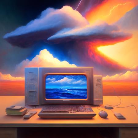 (weathercontrol:1) a painting of a computer with a storm in the background <lora:djzWeatherControlV21_LoraBooth:1>