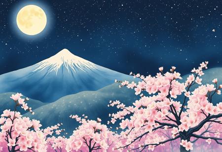 An incredibly beautiful garden of blooming sakura on the mountain slopes, illuminated by a bright moon, dark night, very starry sky, many bright stars in the sky, in the style of a Japanese watercolor painting, delicate brushwork, soft pastel colors, serene atmosphere