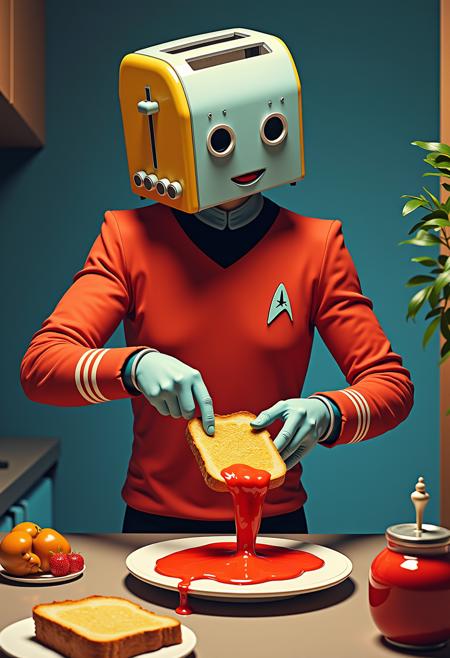 megazine cover, art by Filip Hodas, creature with toaster head wearing star trek crew costume, the creature is spreading jam on bread, dynamic pose, Sci-fi digital art, dystopian landscapes, surreal compositions, vibrant colors