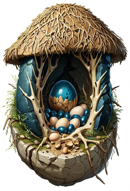 Frontal view, 2d game assets, Flat drawing without volume of (A harpy's nest made of bones with gigant eggs), Chipped with rough edges transparent blue obsidian stone, ultra detailed, enhanced, native Neanderthal style, simple white background