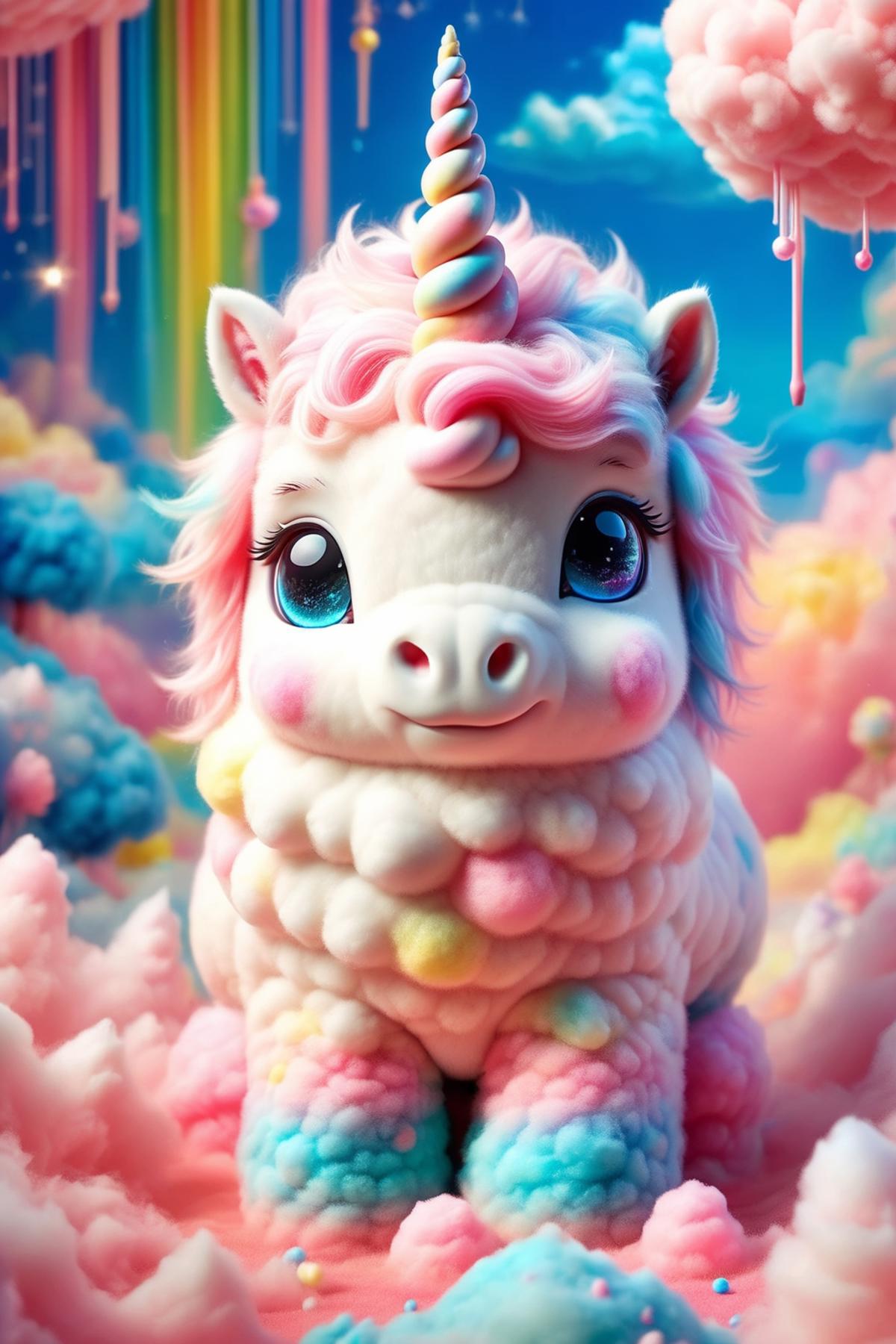 A cute and colorful stuffed unicorn doll with blue eyes and pink horns.