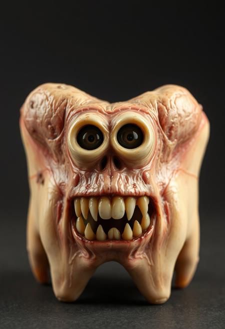 A meaty gaint human tooth with eyes and sharp set of teeth