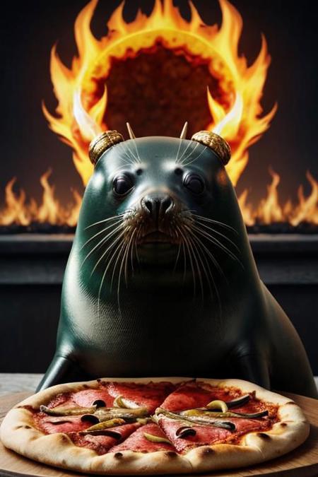 (masterpiece, best quality, highres, high resolution:1.2) masterpiece, best quality  8k
a demonic sea seal
the  seal is very angry and from hell
the seal looks a bit like the devil
fire
more demonic
horns
the seal is sitting in front of a pizza 
a burning city in the background