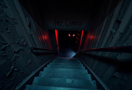score_9, score_8_up, score_7_up, masterpiece, best quality, amazing quality, very aesthetic, absurd. Dilapidated, creepy stairs down to a pitch black basement, crumbling walls, the words "Free Candies, absolutely safe zone" spray painted above the basement entrance. Glowing red eyes and a menacing grin sharp teeth are visible in the black darkness, reverse atmosphere, dark atmosphere, Realistic, best quality, 4k, masterpiece, viewed from above,