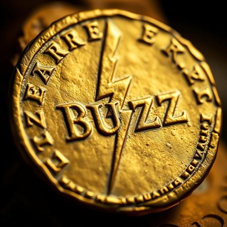 Closeup of a ancient Rome detoriated gold coin with lightning bolt symbol and text in ancient font saying BUZZ, realistic, masterpiece, dramatic light, depth of field