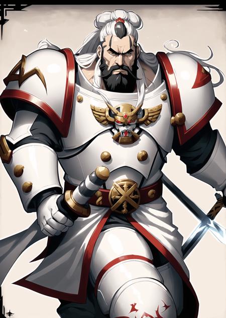Warhammer 40K White Scars Space Marines sword, holding sword, curved sword,  eagle, hawk, holding animal, motorcycle, riding, riding machine,  bald, topknot, long hair, scar, mustache, chin beard,