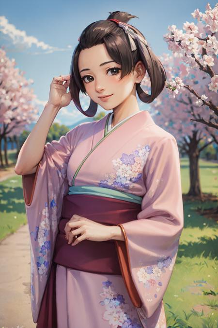 (masterpiece, best quality:1.2), <lora:gaa_susato-10:0.8>, cowboy shot, solo, 1girl, susato mikotoba, smile, hand in own hair, floral print, japanese clothes, pink kimono, cherry blossom trees