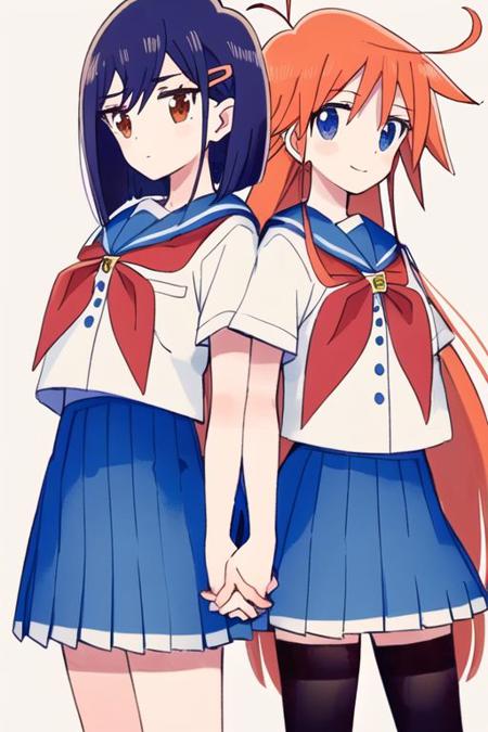 (ffani:1.3), cocona, papika, 2girls, :d, ahoge, artist name, black legwear, blue hair, blue skirt, closed mouth, cowboy shot, dot nose, hair ornament, hairclip, holding hands, leg lift, long hair, looking at viewer, multiple girls, neckerchief, open mouth, orange hair, red neckerchief, sailor collar, school uniform, serafuku, shirt, short hair, short sleeves, simple background, skirt, smile, sweat, tareme, thighhighs, tsurime, white background, white shirt, zettai ryouiki
<lora:flifla-v1.0:1>