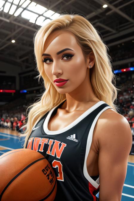 photo of (CALVM01:0.99), a woman as a sexy basketball player, ((blonde hair)), modelshoot style, (extremely detailed CG unity 8k wallpaper), photo of the most beautiful artwork in the world, professional majestic oil painting by Ed Blinkey, Atey Ghailan, Studio Ghibli, by Jeremy Mann, Greg Manchess, Antonio Moro, trending on ArtStation, trending on CGSociety, Intricate, High Detail, Sharp focus, dramatic, photorealistic painting art by midjourney and greg rutkowski, (basketball_uniform:1.2), (basketball shorts:1.2), (sneakers),  (on the basketball_court ), (( dribbling_\(basketball\) )), (basketball), ((in a basketball stadium )), (( crowd sitting on the bleachers )), (basketball game), (looking at viewer), (detailed pupils:1.3), (modern outfit:1.2), (closeup), red lips, (eye shadow)